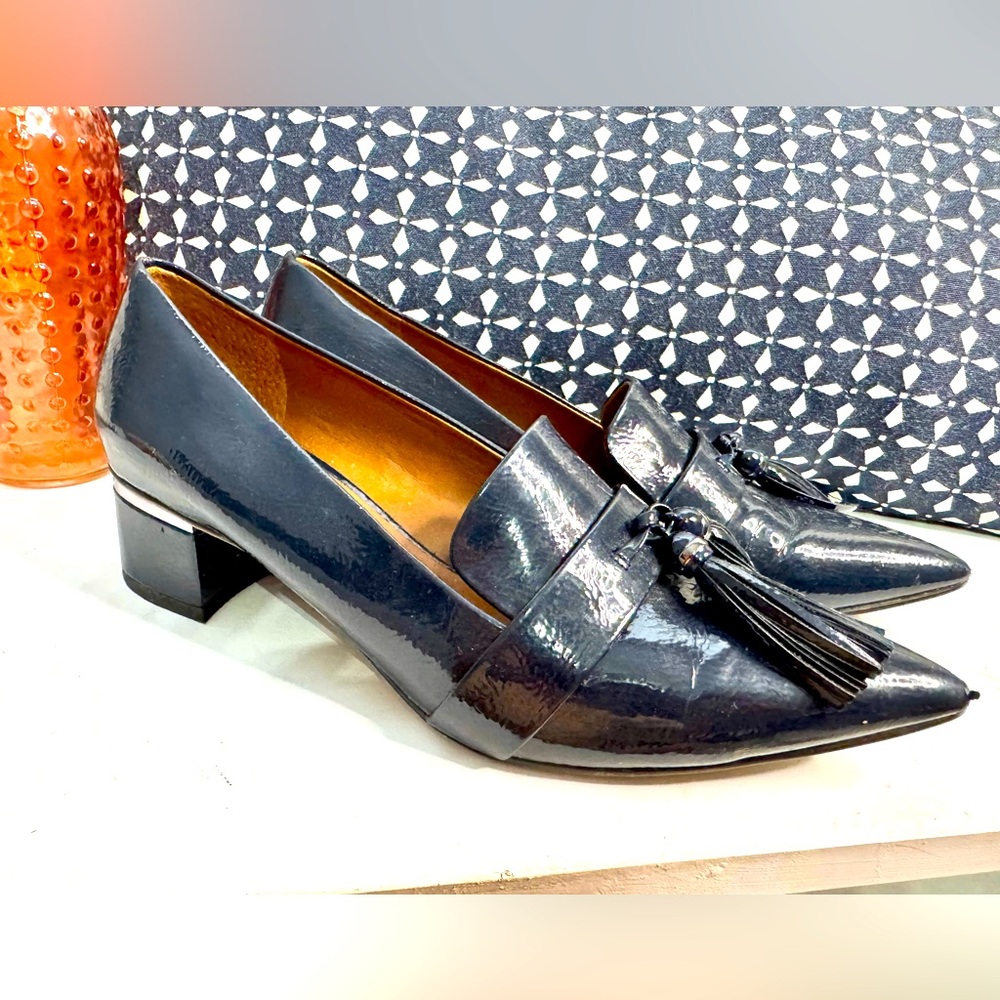 Franco Sarto patent navy loafer heels